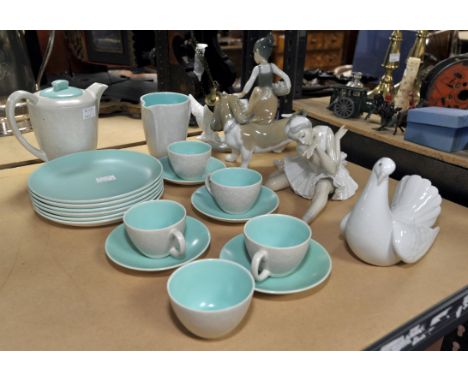 A selection of LLadro figures (4) a blue Poole pottery coffee service of milk, sugar four cups and saucers six plates and cof