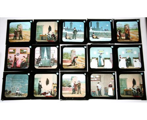 Collection of approximately 71 magic lantern slides. Depicting landscapes and some story slides. In wooden two row slide box 