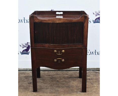 Georgian mahogany and banded bowfront commode, tray top above tambour front cupboard, with pull out drawer and pottery bowl w