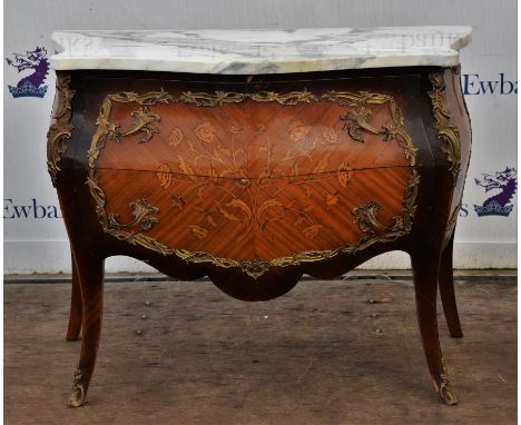French Louis XV style commode, 20th century, with a white and grey veined marble top, above two shaped serpentine bombe drawe