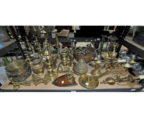 Quantity of brassware, to include chamber sticks, four pairs of candlesticks, Dutch style five light chandelier, lantern, and