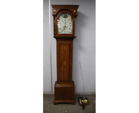 Oak longcase clock, Abrahams Yeovil, inlaid case with oval patera to door, on plinth base, with painted face, Roman and Arabi