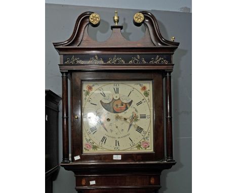 19th century mahogany longcase clock the painted dial with phases of the moon aperture and subsidiary seconds dial, signed J.