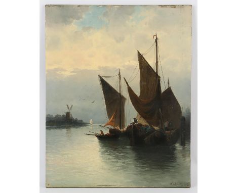 Rudolf Giffinger (European, nineteenth century), maritime scene with fishing vessels and windmill, oil on panel, signed lower