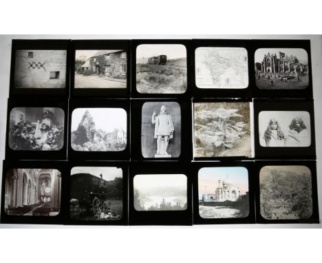Collection of approximately 91 mostly photographic magic lantern slides. Including landscapes, portraiture of important histo