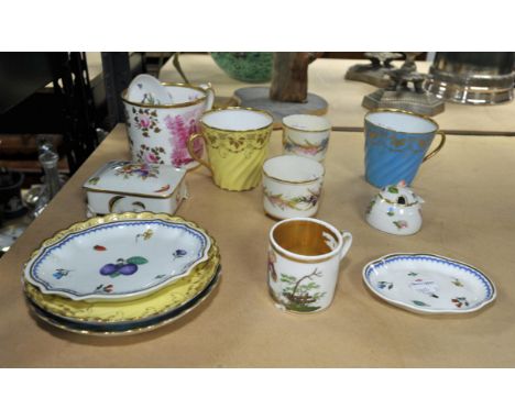 Herend porcelain casket and lid, together with a Herend honey pot and cover, and three dishes, pair of Nynphenburg cups and s
