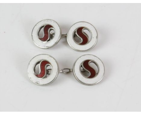 Pair of silver and enamel cufflinks, hallmarked Birmingham 1932, makers mark H&D, white and red enamel in a circular design, 