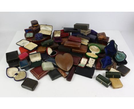 Large selection of mostly small empty antique jewellery boxes, including ring, cufflink, bracelet, pin, and other boxes
