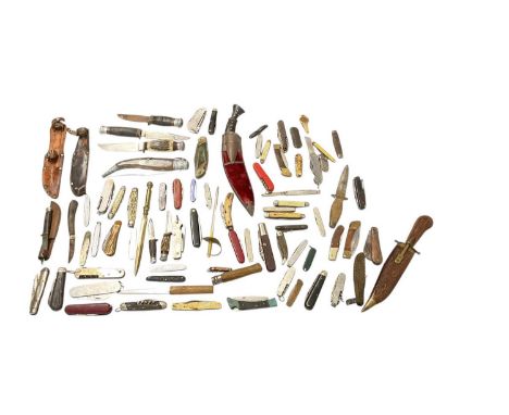 Collection of various knives including a kukri, folding Swiss army type knives and others (1 box).