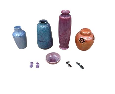 Group of Ruskin pottery to include three vases, ginger jar, miniature bowl and two pairs of Ruskin cufflinksAll pieces appear