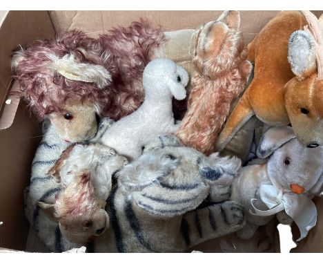 Large mohair laying lion possible Bombo Anker Germany, other mohair toys include small lion deer, fox glove puppet, rabbit, S
