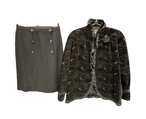 Chanel black wool skirt with 6 gold tone Chanel buttons, size 44. Fendi 365 embroidered black velvet with ribbon ruffle edgin