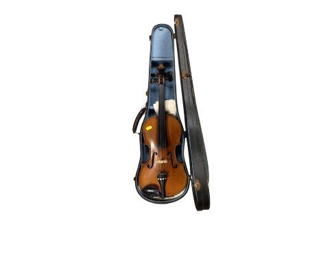 Antique violin in case with bow, Stradivarius label, the two-piece back measuring 37cm long including button