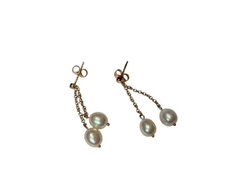 Pair 9ct gold cultured pearl drop earrings each with two cultured pearls suspended on gold chains from a diamond single stone