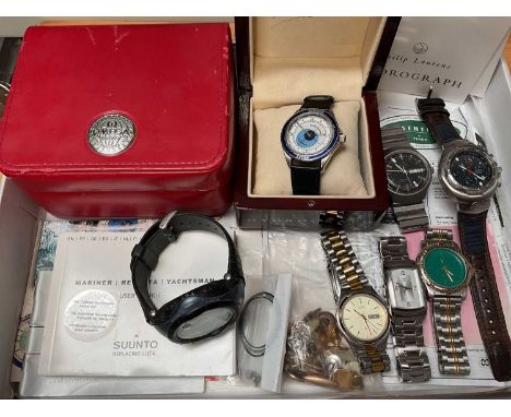 Omega empty watch box, together with various wristwatches including Timex Chronograph, three other Timex watches, Citizen Qua