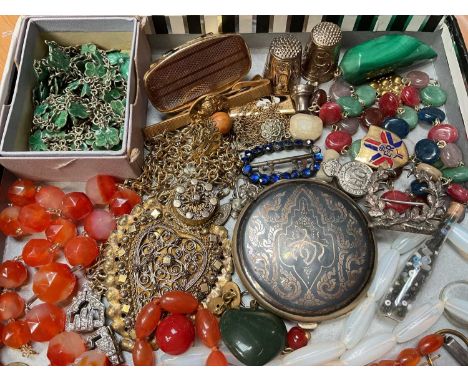 Group of vintage costume jewellery and bijouterie to include bead necklaces, Chinese white metal and green enamelled necklace