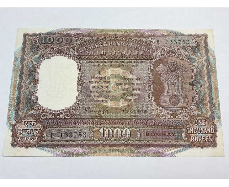 India - Republic Reserve Bank of India circa 1970s 1000 Rupee banknote, brown &amp; multicoloured (N.B. Rev: Ink date stamped