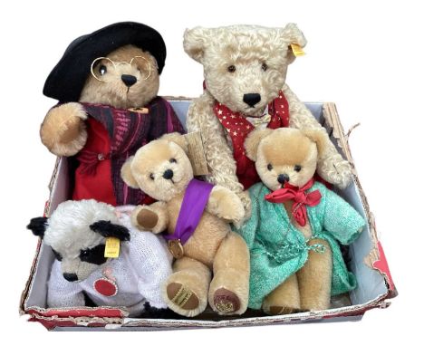 Steiff bears Aunt Lucy 00295, 00683, 030512 plus two Merrythought bears including Queen's Golden Jubilee with tags.