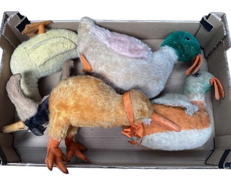 Mohair toys including two musical ducks, another duck, Chad Valley kiwi and terrier.