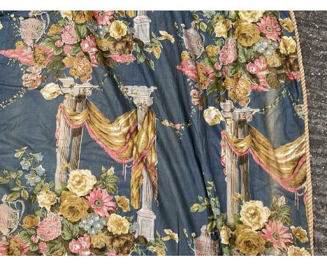 Pair of Victorian heavy glazed chintz curtains with pelmet approximately 270cm drop x 320cm, pelmet approximately 570cm x 48c