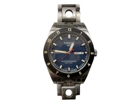 Tissot PRS516 automatic stainless steel wristwatch, navy blue dial, day and date aperture at 3 o'clock and black bezel, 39mm 