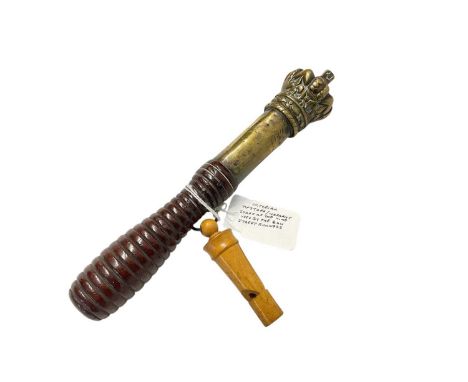 Victorian brass tipstaff / warrant serving truncheon with turned wood handle and a boxwood whistle.The brass shaft of the tip