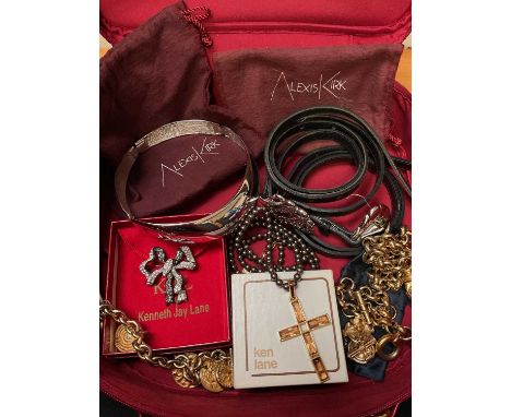 Kenneth Lane paste set bow brooch in box, Alexis Kirk silvered articulated cuff choker necklace and two belts with dust bags,