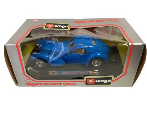 Burago 1:24 scale diecast cars including Bugatti Atlantic (1933) No.0503, Jaguar XX 120 Roadster (1948) No.1502, Mercedes Ben