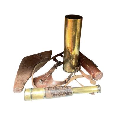 First World War Officers brown leather service revolver holster by Asprey, dated 1914, brass Trench Art vase and brass spotti