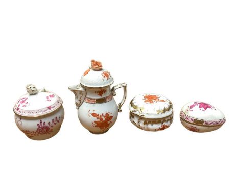 Herend hand painted porcelain miniature hot water pot and cover, two Herend pots and covers and a Meissen pot and cover (4)Al