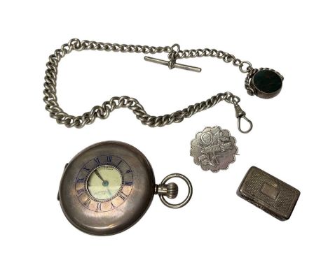 1930s J.W. Benson silver half hunter pocket watch, silver watch chain with rotating fob, Georgian silver vinaigrette and a Vi