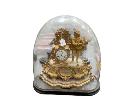 Late 19th century French ormolu and alabaster figural clock, with a gentleman playing the lute, on a carved gilt wood stand i