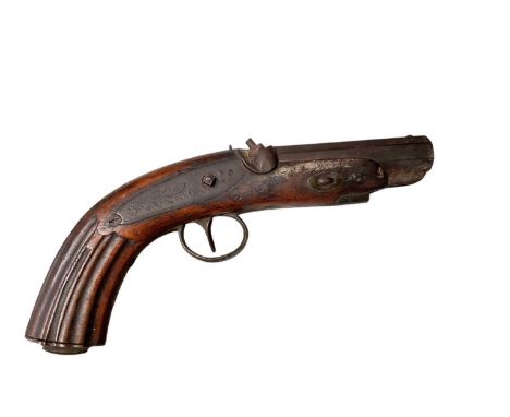 Mid-19th century Continental percussion overcoat pistol with octagonal barrel, engraved side lock (cock missing), fluted waln