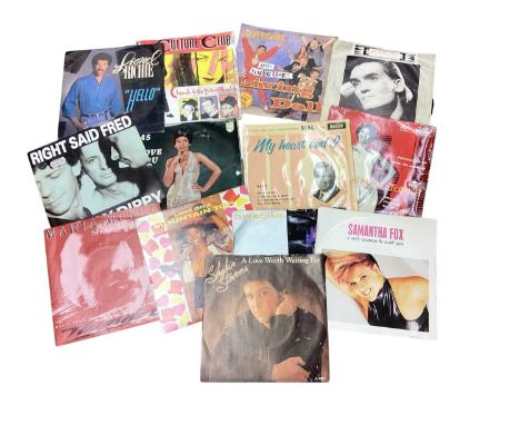 Three boxes of 7 inch singles, including Van Halen, Michael Jackson, Elvis Presley, Buddy Holly, Wayne Fontana, Smokey Robins