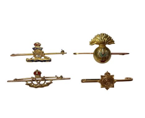 Four gold military sweetheart brooches to include 9ct gold South Staffordshire Regiment, 9ct gold Royal Artillery, 9ct gold A