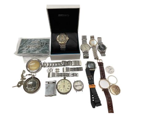 Continental silver open faced pocket watch, together with Seiko, Fossil and other wristwatches.