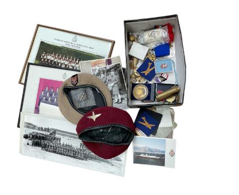 Parachute Regiment Beret, SAS Bret and collection of cap badges and sundry Militaria.