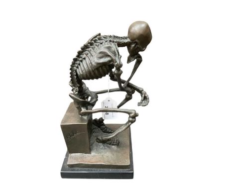 After Max Milo (b.1938) bronzed sculpture 'la penseur', foundry mark to back, on square marble base, 26cm high