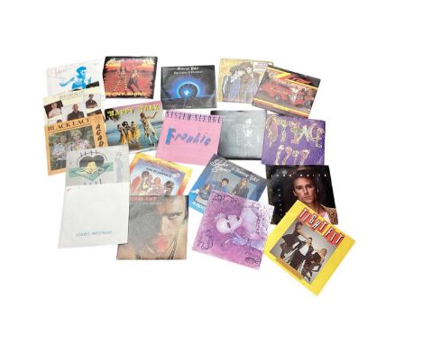 Case of single records including Prince, ZZ Top, Flock of Seagulls, Twisted Sister, Graham Parker, Michael Jackson, John Lenn