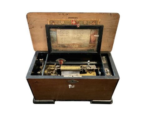 Small size Swiss music box with four airs, painted emblem with a lute to the lid, 36.5cm wide