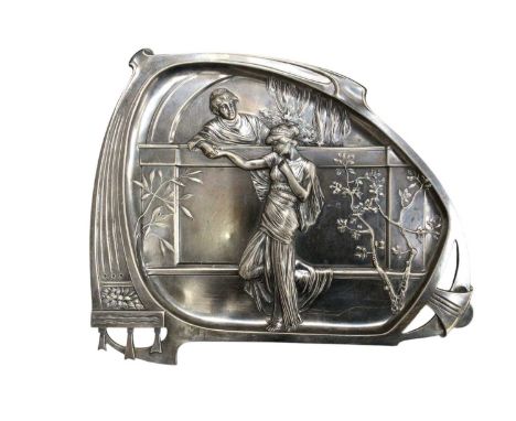WMF art nouveau pewter dish with figural decoration in relief, model 280, 29cm wide