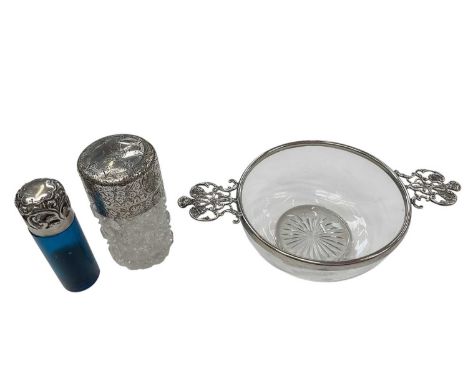 Late Victorian cut glass dish with applied silver mount, (London 1899), maker William Comyns, together with two silver mounte