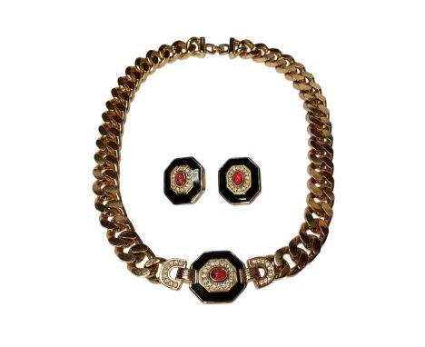 Vintage Christian Dior gold plated suite of jewellery comprising a paste set and enamelled flat curb link necklace, 40cm long