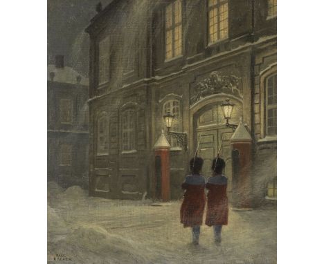 Paul Gustave Fischer (Danish, 1860-1934)Royal guards by Amalienborg Palace, Copenhagen signed 'PAUL FISCHER' (lower left)oil 