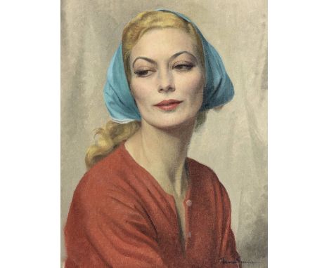 Sir Herbert James Gunn RA PRP RSW (British, 1893-1964)Portrait of a woman in redsigned 'James Gunn' (lower right) oil on canv