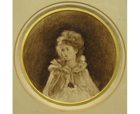 M.B. (19thC). Portrait of a maiden, watercolour, initialled, 13.5cm x 13.5cm.