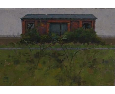 Nick Ellerby (20thC). The Old Goods Shed, acrylic on board, monogrammed and titled verso, 26.5cm x 38cm.Provenance: From the 