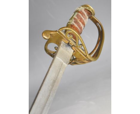 British Army 1822 pattern infantry officer's sword with folding guard, Queen Victoria cypher to pierced hilt and shortened 58