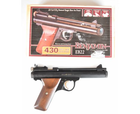 Crosman Benjamin Model E9A .22&nbsp;CO2&nbsp;air pistol with wooden grips and adjustable sights, serial number 012401261, in 