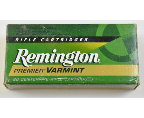 Twenty .222 Remington Remington Premier Varmint rifle cartridges, in original box.&nbsp;PLEASE NOTE THAT A VALID RELEVANT FIR